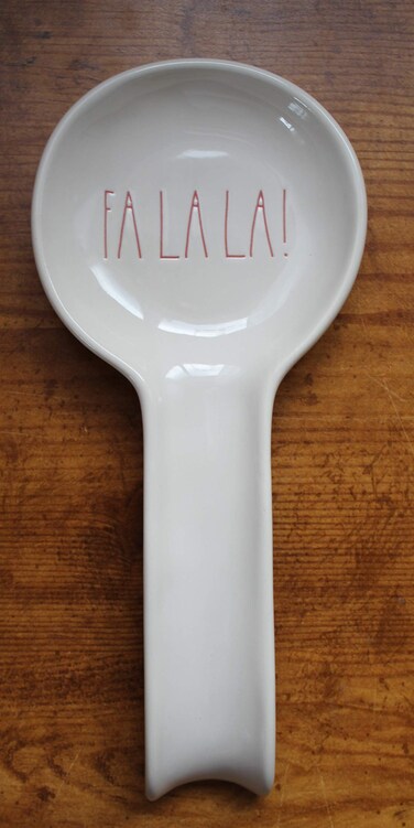Rae Dunn FA LA LA in large Christmas Red letters LL 10 inch Spoon Rest. By Magenta.