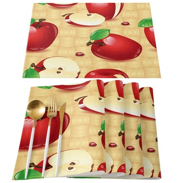 Greeeen Placemats Set of 6 Red Apples Place Mat for Dining Table Washable Cotton Linen Table Mats