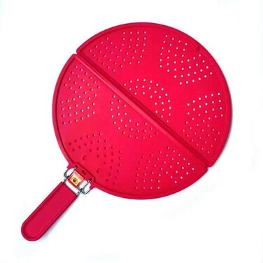 EZ KITCHEN Foldable Splatter Screen Strainer, Silicone Splatter Screen with Folding Handle, Splatter Screen for Frying Pan 11 3/4-Inch, Bi-Fold Multifunction Splatter Shields, Red