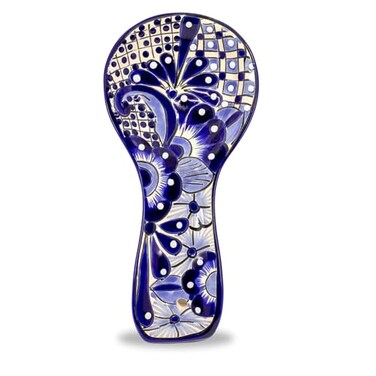 Ceramic Spoon Rest - Hand Painted Talavera Ceramic Spoon Holder in Gift Box - Lead-Free - Blue and White Mexican Style Cuchara Azul Blanco