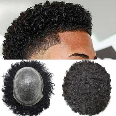 American African Wig for Men Afro Weave Hair Unit for Black Men Brazilian Human Hair Replacement System for Men Injection Full PU Poly Skin Kinky Curly LYRICAL HAIR PIECE(1# Jet Black, 10MM Afro Wave)