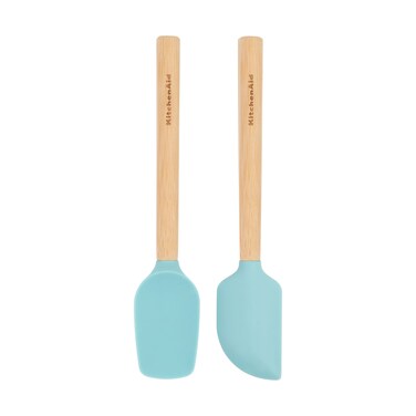 KitchenAid Bamboo Wood Handled Mini Spatula Set with Silicone Head, Set Of 2, Aqua Sky
