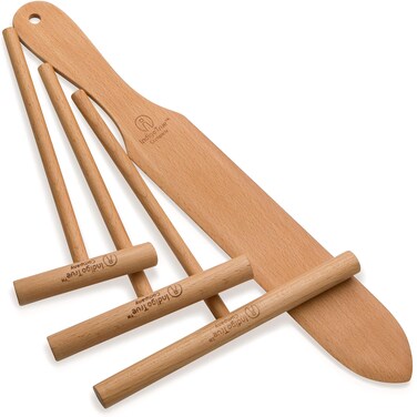 ORIGINAL Crepe Spreader and Spatula Kit - 4 Pcs (7", 5", 3.5" Crepe Tools Set &amp; 14" Crepe Spatula) Crepe Maker, Crepe Spreader Tool, Batter Spreader Crepes, Crepe Wooden Spatula, Crepe Mix, Crepe Pan