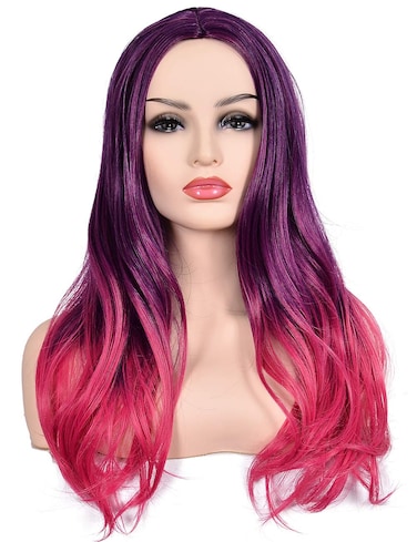 morvally Women's Long Wavy Ombre Two Tone Purple Pink Synthetic Wig for Women Cosplay Halloween Costume Party Wigs