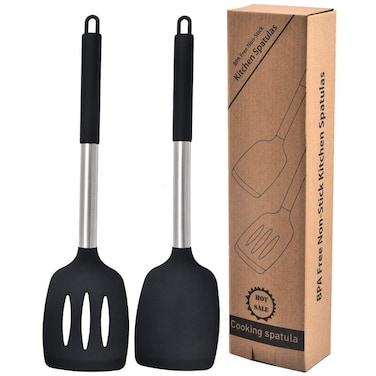 Silicone Spatula Set, BPA Free Non-Stick Stainless Steel, Microwave Safe, Set of 2 (Black) Perfect for cooking eggs, pancakes, hamburgers, high heat resistant, Large, 198168666517