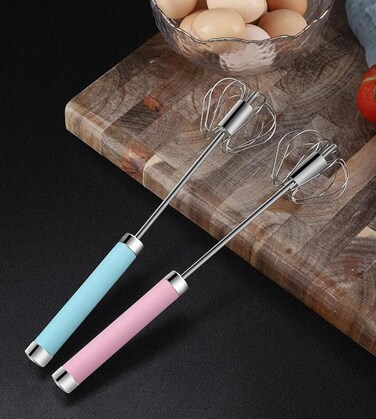 Stainless Steel Egg Whisk,Egg Whipper Hand,Semi Automatic Whisk Hand Push Rotary Mixer for Egg Blending, Milk Frother and Cream Making (2,Pink + Blue)