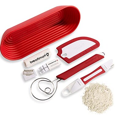 Breadsmart Artisan Bread Making Kit - 5 PC Baking Supplies Set - Lame, Scraper, Whisk, Proofing Basket &amp; Cotton Liner - Red