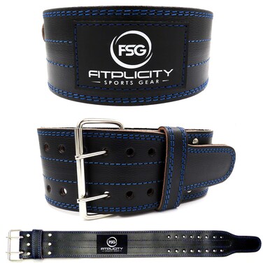 Fitplicity Leather Weight Lifting Belt (Blue Stitching, Small)
