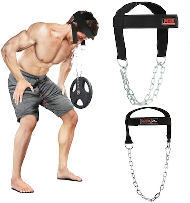 MRX BOXING &amp; FITNESS Weight Lifting Head Harness Padded With Adjustable Strap Neck Exercise GYM Heavy Duty Metal Chain