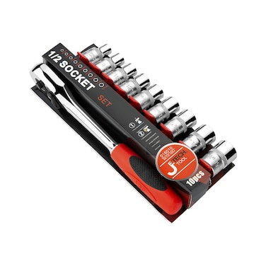Jetech 1/2" Drive 45-Tooth Ratchet Socket Wrench Set, 9 Pc Metric Sockets (8mm-19mm), Reversible Quick-Release, Includes Storage Rack