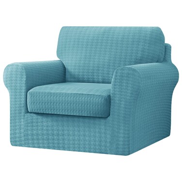 CHUN YI 3 Piece Armchair Sofa Cover, 1 Seater Stretch Couch Slipcover with One Separate Backrest and Cushion with Elastic Band, Houndstooth Fabric(Smoky Blue)