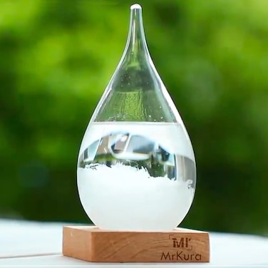 MrMrKura Storm Glass Crystal Weather Forecast Bottle with Wooden Base, Decorative Drop-shaped Glass Bottle Christmas Decoration for Home and Office Christmas Gift (M)