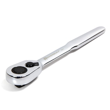 Powerbuilt Low Profile Ratchet, 3/8 Inch Drive, Slim Design Tight Spaces, Quick Thumb Button Socket Release, 649975, Silver