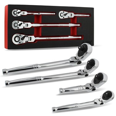 ABN 4-Piece Flex Head Ratchet Set - 1/4 1/2 and 3/8in Drive 72-Tooth Quick Release Reversible Premium Chrome Vanadium Steel Construction &amp; Chrome Plated Finish Design with 5 Degrees of Swing