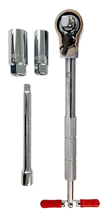QualConnect&Acirc;&reg; 4-Pack Kit 3/8-inch Drive Reversing Ratchet Sidewinder Speedwrench w/Knurled Handle w/Accessories: 5/8-inch plug + 13/16-inch plug + 6-inch(150mm) extension bar w/U.S. patent no.4907476