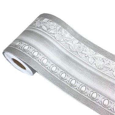 REDODECO 3D Grey Floral Pattern Molding Peel Stick Wall Border for Home Decor Bathroom Kitchen,4 inch by16.4 feet (Silver)