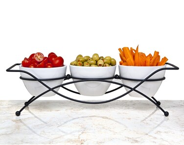 Elegant 4-piece Tier Relish Tray with White Ceramic Bowl Dish &amp; Stand, Server Set with Metal Rack, Buffet Server for Appetizers, Candy, Nuts and Dips &amp; Favorite Food.