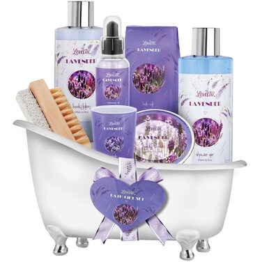 Valentines Day Relaxing Lavender Spa Gift Baskets for Women-Girls, Birthday, Bath and Body Set-Kit Includes Candle, Essential Oil, Body Scrub, Bath Salt, Body Lotion, Shower Gel and Body Scrub Brush
