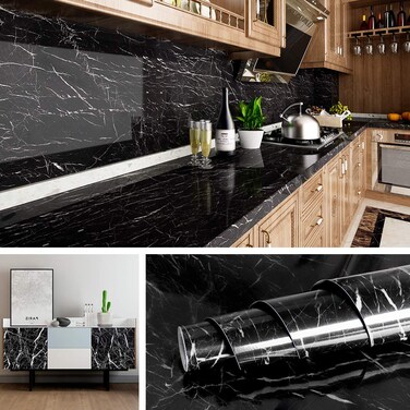Livelynine Black Marble Wallpaper for Kitchen Counter Top Black Peel and Stick Contact Paper for Countertops Waterproof Desk Dresser Table Cover Sticker Renter Friendly Countertop Vinyl Wrap 15.8x78.8