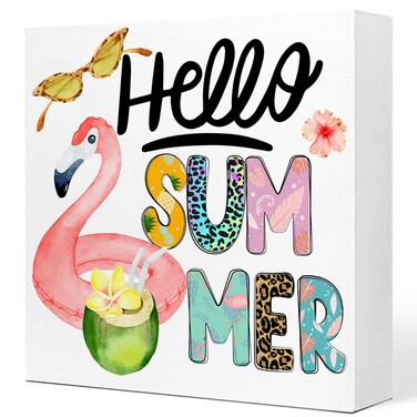 Funny Summer Decor,Hello Summer Wooden Box,Swimming Pool Wooden Decorations,Summer Desk Decor,Summer Decorations for Home Shelf Table Decor