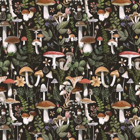 LwenSnow Peel and Stick Wallpaper Boho Black/Brown Mushroom Forest Self Adhesive Contact Paper Vintage Vinyl Removable Wall Paper for Bathroom Kitchen Countertop Wall 17.3&quot; x 118&quot; 14.5 sq.ft/Roll