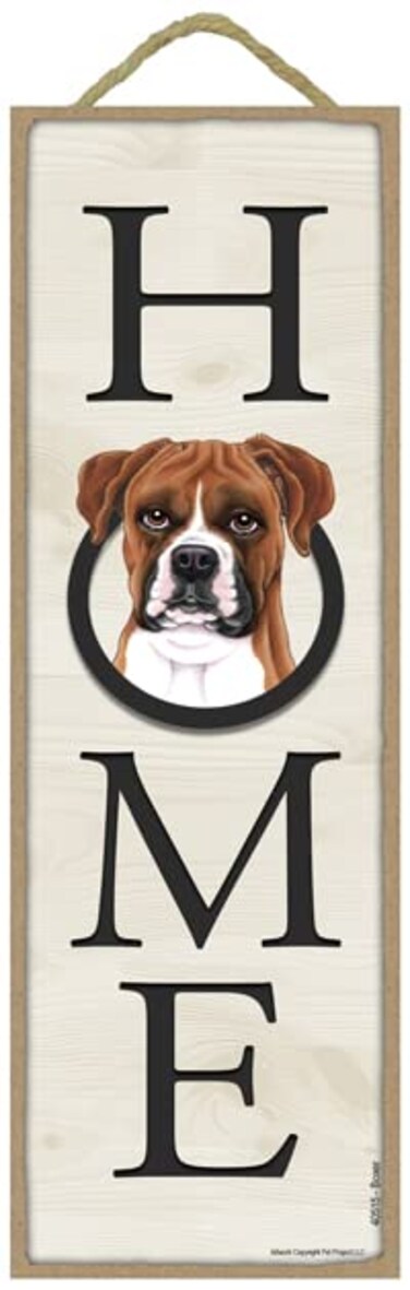 SJT ENTERPRISES, INC. Boxer Home 5" x 15" Wood Plaque Sign Featuring the Artwork of Tomoyo Pitcher (40515)