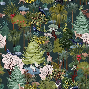 Forest Animal Plants wallpaper Peel and Stick Rabbits Fox Squirrel Owl Green Hedgehog Leaf Self Adhesive Removable Easy Peel Off floral Contact Paper Stick on wallpaper Renter Friendly 17.71"x118.1