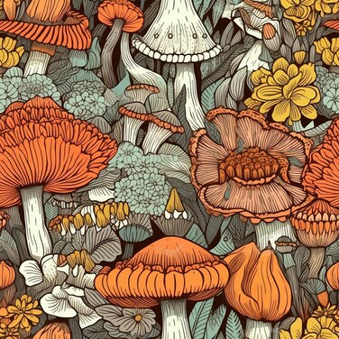 MuralPeel Boho Orange Mushroom Forest Yellow Flowers Peel and Stick Wallpaper Self Adhesive Removable Easy Peel Off Stick on Wall Paper for Bedroom Cabinet Renter Friendly