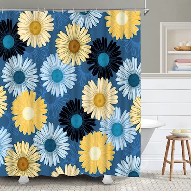 RnnJoile Blue and Yellow Shower Curtain Navy Daisy Floral Bathroom Curtain Coloful Flower Fabric Curtain for Modern Bathroom Decor with Hooks 72"X72" Inches