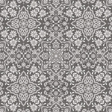 Norwall FH37543 Floral Tile Prepasted Wallpaper, Black, Grey, Metallic Silver, Coal