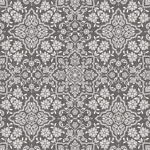 Norwall FH37543 Floral Tile Prepasted Wallpaper, Black, Grey, Metallic Silver, Coal