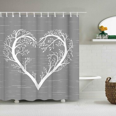 RyounoArt Tree of Life Shower Curtain Fabric White Heart Shaped Tree Branch Bathroom Decor Romantic Love Gray Curtain Waterproof with Hooks 72"x72