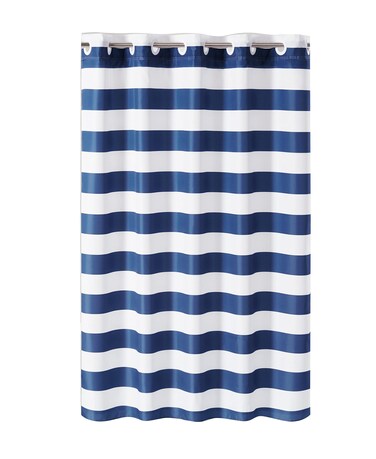 Hookless It's A Snap! Cabana Stripe Shower Curtain, 3-in-1 Shower Curtain Includes Shower Curtain with Flex-On Rings &amp; PEVA Liner, 71" x 74", Navy