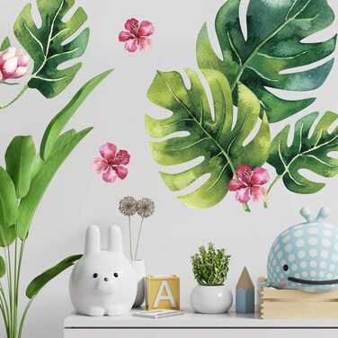 Tropical Flower Palm Leaf Wall Stickers - Tropical Leaves Decals - Foliage Monstera Wall Decal - Jungle Theo Leaf Decals - Banana Greenery Vinyl D&Atilde;&copy;cor Cling with Gift