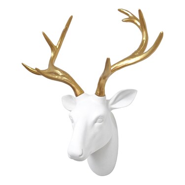 Faux Deer Head Wall Decor, White Fake Furry/Felt/Velvety Resin Deer Head with Gold Antlers for Home/Bar/Office, Size 16" x 12.5" x 7.5" by Smarten Arts