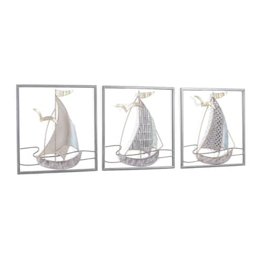 Adeco 3D Metal Sailboat Wall Art Set of 3, Handmade Antique Finishing 24 inch Metal Wall Sculptures Nautical Decor Ornaments for Home Hotel Living Room Bedroom Dining Room