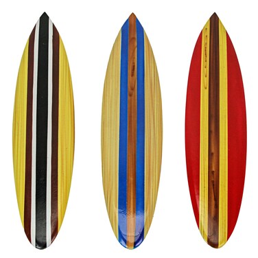 Zeckos Set of 3 Handcrafted Wood Surfboard Wall Sculptures: Red, Blue, Brown Racing Stripes, Each 16 Inches Long - Easy Install - Perfect for Beach-Themed Home D&Atilde;&copy;cor