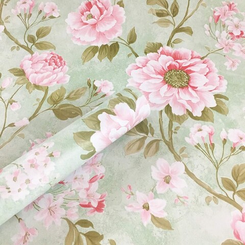 Vintage Green Rose Wallpaper Peel Stick Shelf Liner Funitures Dresser Drawer Cabinet Adhesive Paper Decor 17.7 Inch by 100 Inch