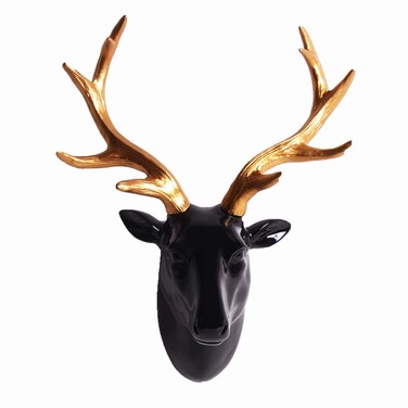 SAC SMARTEN ARTS Animal Head Wall Decor, Glossy Black Faux Resin Deer Head with Gold Antlers for Wall Mount Decoration, Size 10" x 5" x 12