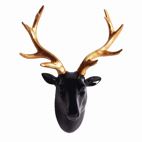 SAC SMARTEN ARTS Animal Head Wall Decor, Glossy Black Faux Resin Deer Head with Gold Antlers for Wall Mount Decoration, Size 10&quot; x 5&quot; x 12