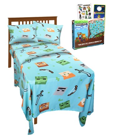 Minecraft Twin Bedding Set for Toddlers - Bundle Includes Minecraft Sheets with Flat Sheet, Fitted Sheet, and Pillowcase for Twin Bed Plus Stickers, More   Minecraft Bedroom Decor
