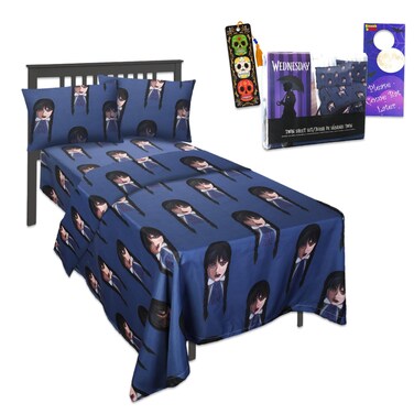 Wednesday Addams Bedding Set Twin Bed - Bundle with Wednesday Bed Sheets with Flat Sheet, Fitted Sheet, and Pillowcase for Twin Bed Plus Bookmark, More   Wednesday Addams Sheets Twin