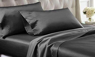 Bedify Bedding 100% Pure Silk Satin Sheet Set 4pcs, Silk Fitted Sheet 15" Deep Pocket Mattress fit,Silk Flat Sheet&amp;Silk Pillowcases Set Soft Silk Sheets Wrinkle Free Fade Resistant Dark Grey,Queen