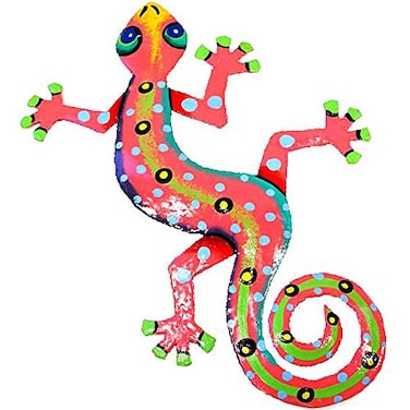 Global Crafts 8" Painted Gecko Recycled Haitian Metal Wall Art (Pink)