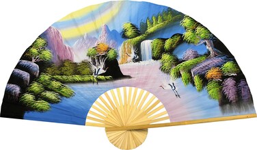 Fairytale Landscape Giant Folding Wall Fan Hand-painted Decorative Wall Decor Art, Handmade Original Acrylic Painting on a Natural Bamboo Frame (40 inch wide, Fantasy Valley)