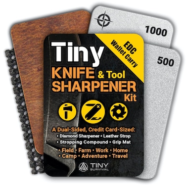Tiny Survival KNIFE &amp; TOOL Sharpener KIT - Ultimate 4-IN-1 EDC KIT: Double-Sided, Dual Grit, Credit Card Diamond Pocket Field Sharpening Stone DWS + Mini Strop + Stropping Compound + Grip Matt - GIFT