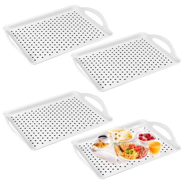 HEIHAK 4 Pack 16.5 x 11.4 x 1.6 Inches Plastic Serving Tray with Handles, Rectangle Non-Slip Food Serving Tray for Eating, Home, Restaurant, White