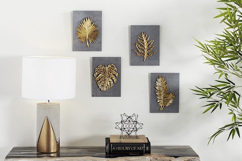 Deco 79 Cement Stone Leaf Home Wall Decor Framed 3D Wall Sculpture, Set of 4 Wall Art 8&quot; W, 11&quot; H, Gold