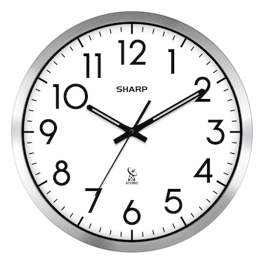 Sharp Atomic Analog Wall Clock - 12" Silver Brushed Finish - Sets Automatically- Battery Operated - Easy to Read - Easy to Use&acirc;&euro;&ldquo; Modern Design and Style
