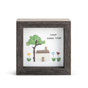 DEMDACO Home Sweet Home Whimsical Design Stone Art Green 4 x 4 Wood Composite Shadow Box
